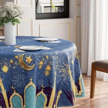 BOTB LIHM Eid Al-Fitr Lantern Tablecloth - Round, Washable, 60x60 Inch