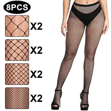 Buauty 8 PCS Black Fishnet Stockings For Women, Thigh Hight Fishnet Tights, Ladies Fish Net Tights P...