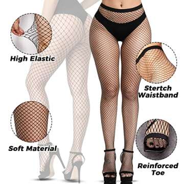 Buauty 8 PCS Black Fishnet Stockings For Women, Thigh Hight Fishnet Tights, Ladies Fish Net Tights Plus Size One Size Fit All