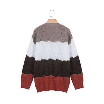 Canikat Womens Hollow Out V Neck Sweater Tops Color Block Pullover Autumn Lightweight Slouchy Baggy Juniors Sweater Brown M