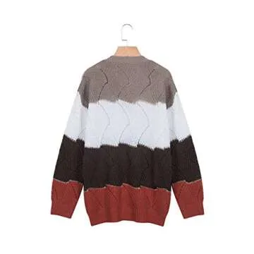 Canikat Womens Hollow Out V Neck Sweater Tops Color Block Pullover Autumn Lightweight Slouchy Baggy Juniors Sweater Brown M