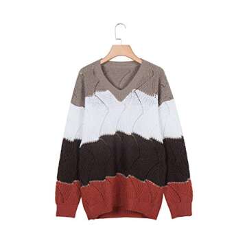 Canikat Womens Hollow Out V Neck Sweater Tops Color Block Pullover Autumn Lightweight Slouchy Baggy Juniors Sweater Brown M