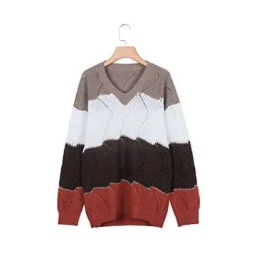 Canikat Womens Hollow Out V Neck Sweater Tops Color Block Pullover Autumn Lightweight Slouchy Baggy Juniors Sweater Brown M