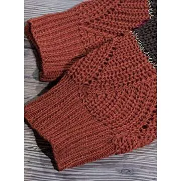 Canikat Womens Hollow Out V Neck Sweater Tops Color Block Pullover Autumn Lightweight Slouchy Baggy Juniors Sweater Brown M