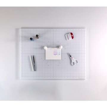GLASSBOARD STUDIO True White Glass Craft Mat (18x24in) - Magnetic, Heat & Scratch Resistant, Stain-Proof for Crafting, Cutting, Painting, Mixed Media Artwork - Grid & Angle Lines, Non-Slip Rubber Feet