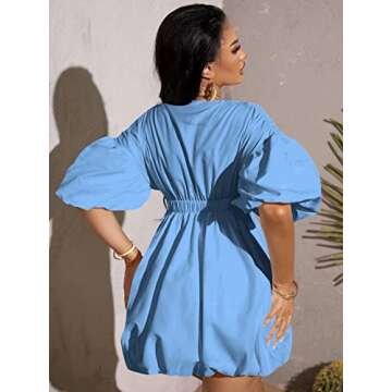 WDIRARA Women's Deep V Neck Puff Sleeve High Rise Flare Dress Elastic Waist Dress Blue Solid L