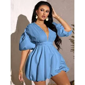 WDIRARA Women's Deep V Neck Puff Sleeve High Rise Flare Dress Elastic Waist Dress Blue Solid L