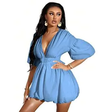 WDIRARA Women's Deep V Neck Puff Sleeve High Rise Flare Dress Elastic Waist Dress Blue Solid L