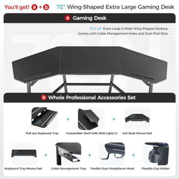EUREKA ERGONOMIC Aero Gaming Desk with Led Lights, 72" Large Wing-Shaped Studio Desk W Keyboard Tray Monitor Stand Dual Headphone Hanger Cup Holder for Live, Streamer