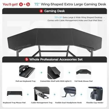 EUREKA ERGONOMIC Aero Gaming Desk with Led Lights, 72" Large Wing-Shaped Studio Desk W Keyboard Tray Monitor Stand Dual Headphone Hanger Cup Holder for Live, Streamer