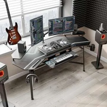 EUREKA ERGONOMIC Aero Gaming Desk with Led Lights, 72" Large Wing-Shaped Studio Desk W Keyboard Tray Monitor Stand Dual Headphone Hanger Cup Holder for Live, Streamer