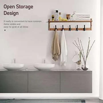 Tatub 29'' Coat Rack Wall Mount with Shelf, Wood Wall Hooks with Storage, Entryway Shelf with 5 Hangers for Bathroom, Living Room, Bedroom, Rustic Brown