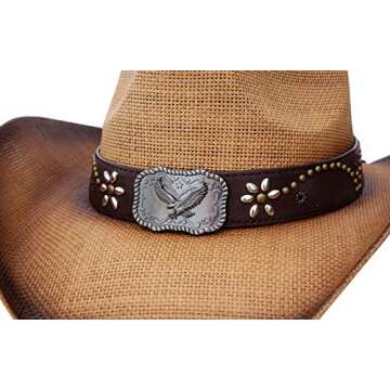 Queue Essentials Men & Women's Woven Straw Cowboy Cowgirl Hat Western Outback w/Wide Brim (Eagle)
