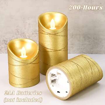 Silverstro Holiday Gold Ribbon Embedded LED Candles Remote Real Wax Battery Operated Candles - Home Wedding Room Christmas Decor - Set of 3