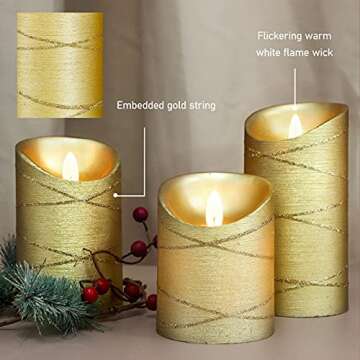 Silverstro Holiday Gold Ribbon Embedded LED Candles Remote Real Wax Battery Operated Candles - Home Wedding Room Christmas Decor - Set of 3