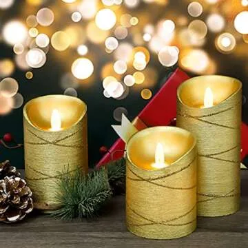 Silverstro Holiday Gold Ribbon Embedded LED Candles Remote Real Wax Battery Operated Candles - Home Wedding Room Christmas Decor - Set of 3