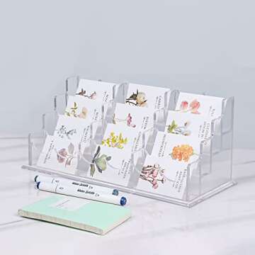 Patioer Clear Acrylic Business Card Holder for Desk 12.6x 5.5x 5.2 inches, 4 Tier 12 Pockets Multiple Card Stand Business Card Holder Display Office