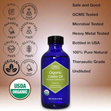 Organic, Castor Oil, Therapeutic Grade, for Constipation – 100% Pure, Castor Oil, Cold Pressed, Unrefined, in Glass Bottle, for Face, Hair Growth, Eyelashes, by Zongle Therapeutics, 4 OZ