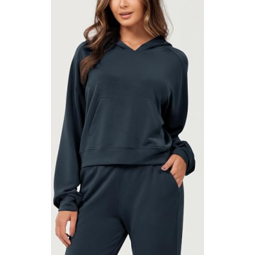 ODODOS Modal Soft Long Sleeve Cropped Hoodie for Women Oversized Pullover Sweatshirts with Pocket, Navy, Small
