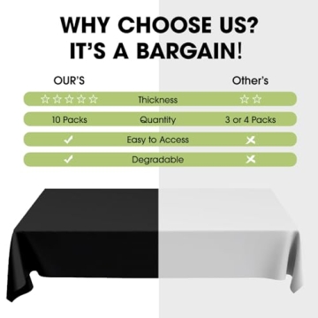 Pureegg Plastic Table Cloth Disposable 10 Pack, 54 x 72 Inch Table Cloths for Parties, Decorative Tablecloths for Rectangle Tables, Black Plastic Table Cover, Leakproof & Sturdy, Black