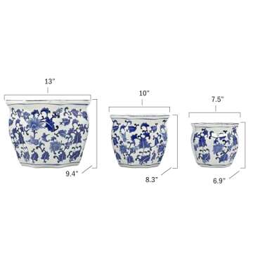 Galt International Blue & White Round Fluted Floral Porcelain Ceramic Plant Flower Planter Pot Set o...