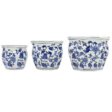 Galt International Blue & White Round Fluted Floral Porcelain Ceramic Plant Flower Planter Pot Set of 3 (7.5", 10", 13") Garden Pots Chinese Asian Design