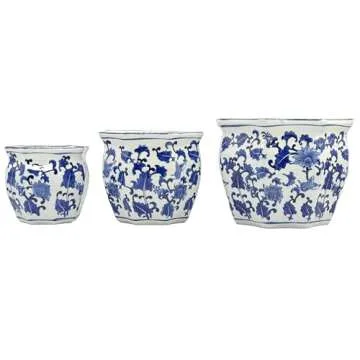 Galt International Blue & White Round Fluted Floral Porcelain Ceramic Plant Flower Planter Pot Set of 3 (7.5", 10", 13") Garden Pots Chinese Asian Design