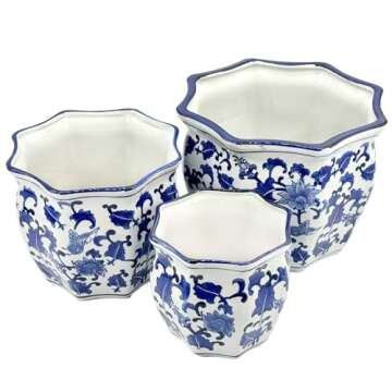 Galt International Blue & White Round Fluted Floral Porcelain Ceramic Plant Flower Planter Pot Set of 3 (7.5", 10", 13") Garden Pots Chinese Asian Design