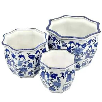 Galt International Blue & White Round Fluted Floral Porcelain Ceramic Plant Flower Planter Pot Set of 3 (7.5", 10", 13") Garden Pots Chinese Asian Design