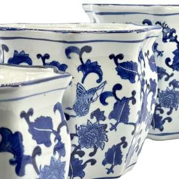 Galt International Blue & White Round Fluted Floral Porcelain Ceramic Plant Flower Planter Pot Set of 3 (7.5", 10", 13") Garden Pots Chinese Asian Design
