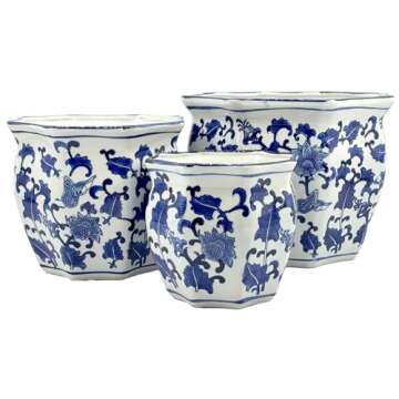 Galt International Blue & White Round Fluted Floral Porcelain Ceramic Plant Flower Planter Pot Set of 3 (7.5", 10", 13") Garden Pots Chinese Asian Design