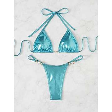 Verdusa Women's 2 Piece Metallic Bikini Sets Swimwear Halter String Triangle Swimsuit Teal Blue S