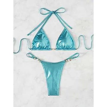 Verdusa Women's 2 Piece Metallic Bikini Sets Swimwear Halter String Triangle Swimsuit Teal Blue S