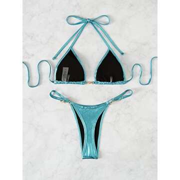 Verdusa Women's 2 Piece Metallic Bikini Sets Swimwear Halter String Triangle Swimsuit Teal Blue S