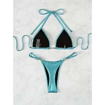 Verdusa Women's 2 Piece Metallic Bikini Sets Swimwear Halter String Triangle Swimsuit Teal Blue S