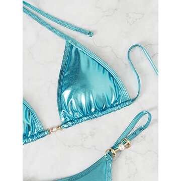 Verdusa Women's 2 Piece Metallic Bikini Sets Swimwear Halter String Triangle Swimsuit Teal Blue S