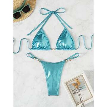 Verdusa Women's 2 Piece Metallic Bikini Sets Swimwear Halter String Triangle Swimsuit Teal Blue S