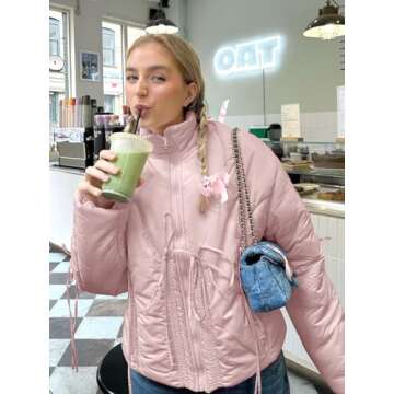 Tankaneo Womens Oversized Cropped Puffer Jacket Cute Bow Zip Up Puffy Short Down Coats Winter Outerw...