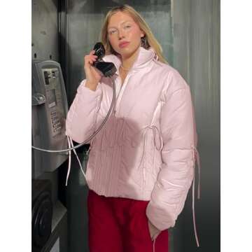 Tankaneo Womens Oversized Cropped Puffer Jacket Cute Bow Zip Up Puffy Short Down Coats Winter Outerwear