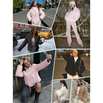 Tankaneo Womens Oversized Cropped Puffer Jacket Cute Bow Zip Up Puffy Short Down Coats Winter Outerwear