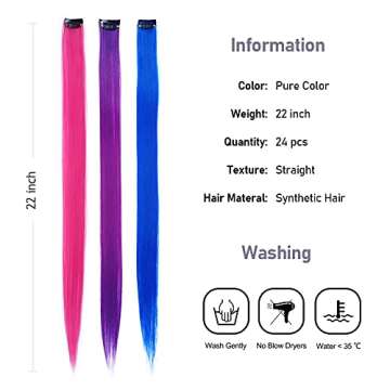 KGBFASS 24 Packs Colored Clip in Hair Extensions 20'' Colorful Straight Hair Extensions Clip in for Kids Multi-Colors Party Highlights Hairpieces(Pink,Purple,Blue)