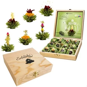 Creano Flowering Tea Abloom Tea - Blooming Tea Gift Set in Stylish Wooden Tea Box, 12pcs