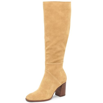 Coutgo Womens Knee High Boots Square Toe Chunky Block Heel Side Zipper Faux Suede Long Boots Fall Wi...