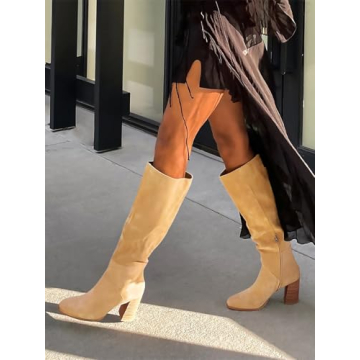 Coutgo Womens Knee High Boots Square Toe Chunky Block Heel Side Zipper Faux Suede Long Boots Fall Winter Shoes, Khaki, Size 7.5