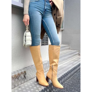 Coutgo Womens Knee High Boots Square Toe Chunky Block Heel Side Zipper Faux Suede Long Boots Fall Winter Shoes, Khaki, Size 7.5