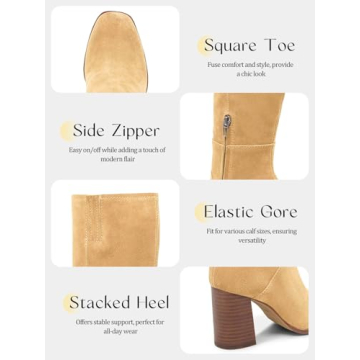 Coutgo Womens Knee High Boots Square Toe Chunky Block Heel Side Zipper Faux Suede Long Boots Fall Winter Shoes, Khaki, Size 7.5