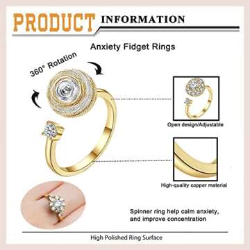 Honsny 6Pcs 14K Gold Plated Anxiety Rings for Women, Adjustable Spinner Anxiety Ring, CZ Butterfly Bee Moon Star Fidget Rings for Anxiety Stress Relief for Women