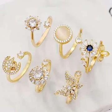 Honsny 6Pcs 14K Gold Plated Anxiety Rings for Women, Adjustable Spinner Anxiety Ring, CZ Butterfly Bee Moon Star Fidget Rings for Anxiety Stress Relief for Women