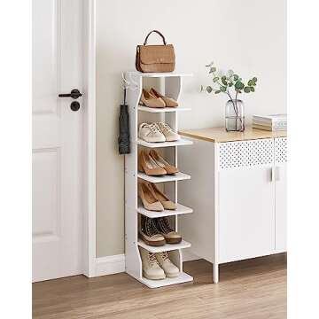 VASAGLE 7 Tier Vertical Shoe Rack, Narrow Shoe Storage Organizer with Hooks, Slim Wooden Corner Shoe...