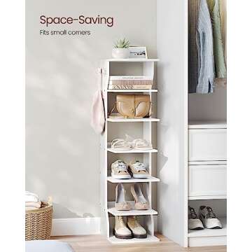 VASAGLE 7 Tier Vertical Shoe Rack, Narrow Shoe Storage Organizer with Hooks, Slim Wooden Corner Shoe Tower Rack, Robust and Durable, Space Saving for Entryway and Bedroom, White ULBS200T14